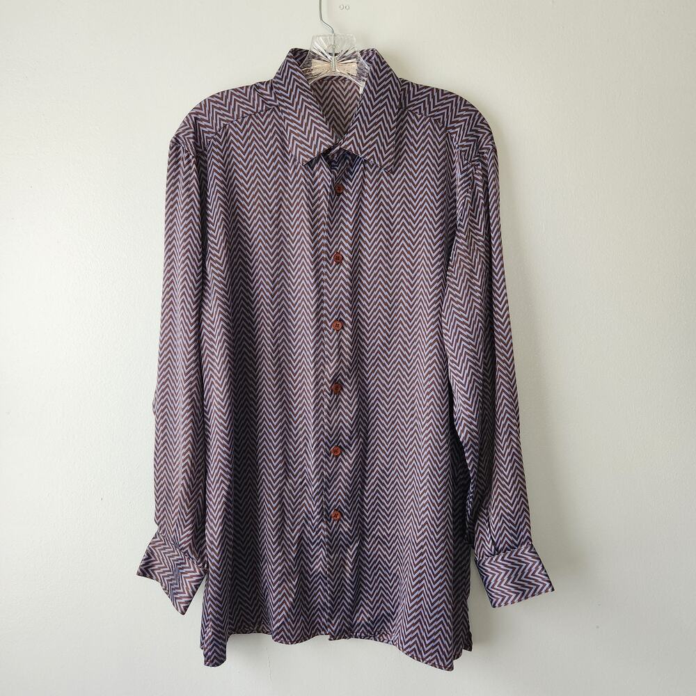 Gianni Viera Silk Shirt Mens L Blue Brown Chevron Button Up Made in Italy Resort